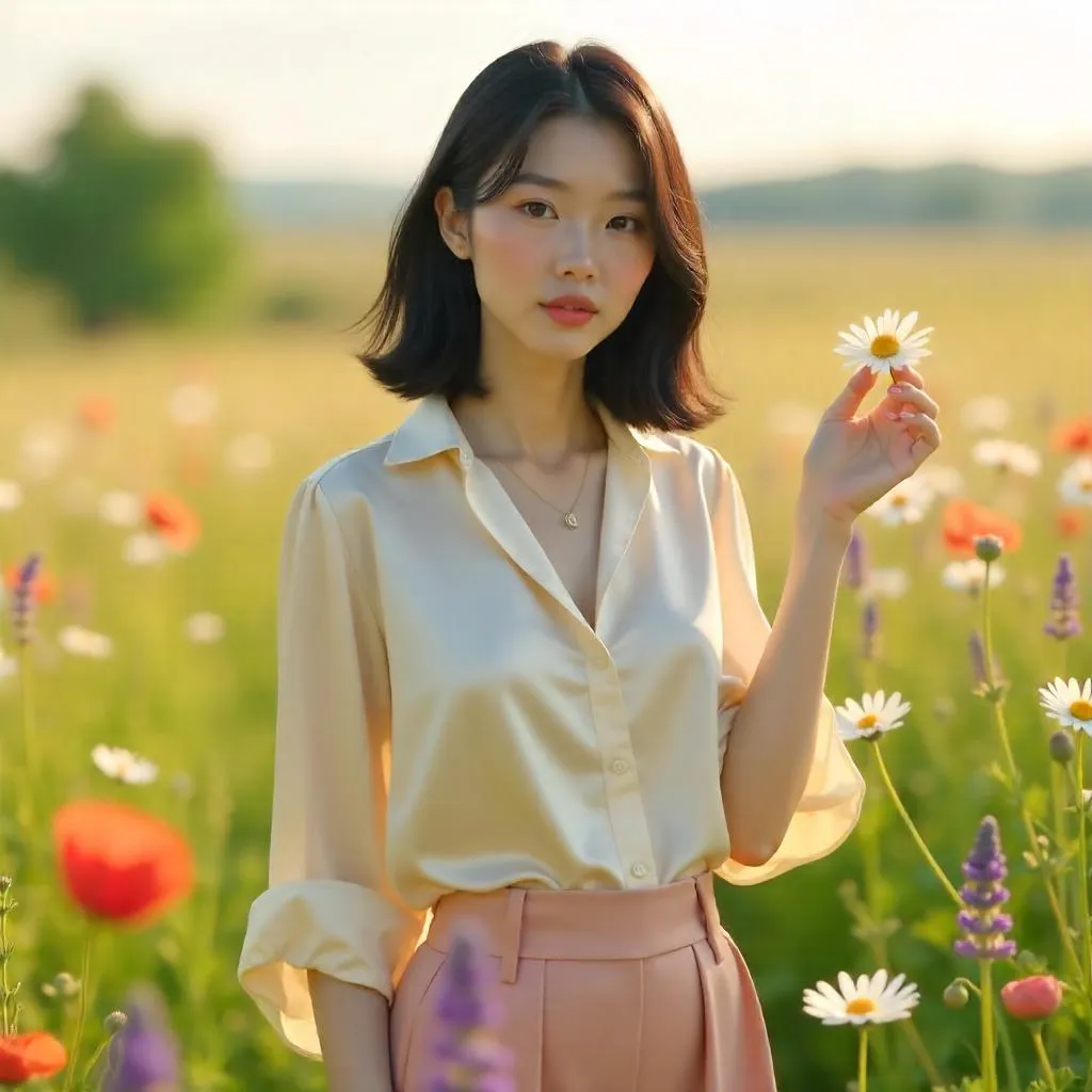 3D Render: Stylish Asian Woman in a Flower Field