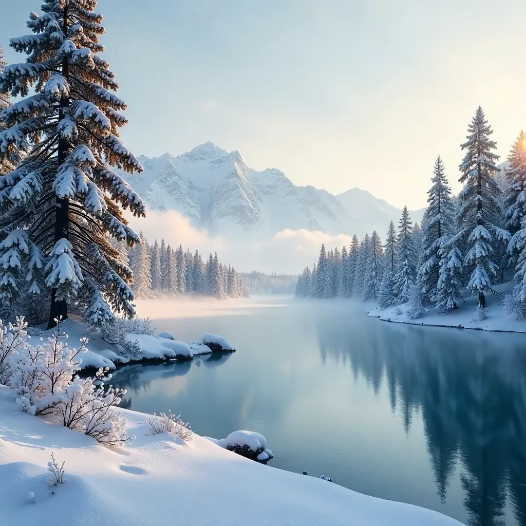 Tranquil Snowy Pines by a Glassy US Lake