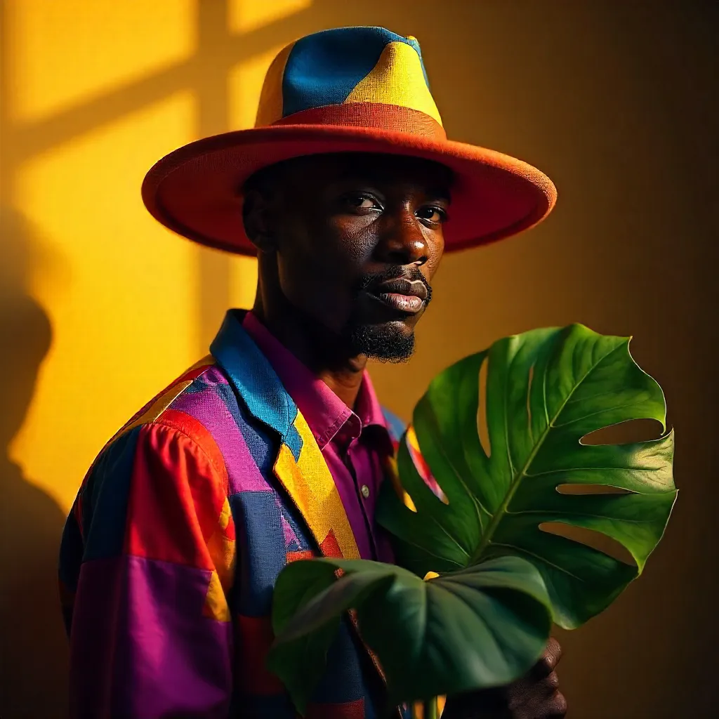 Golden Hour Portrait: Vibrant Hat, Plant, Warmth