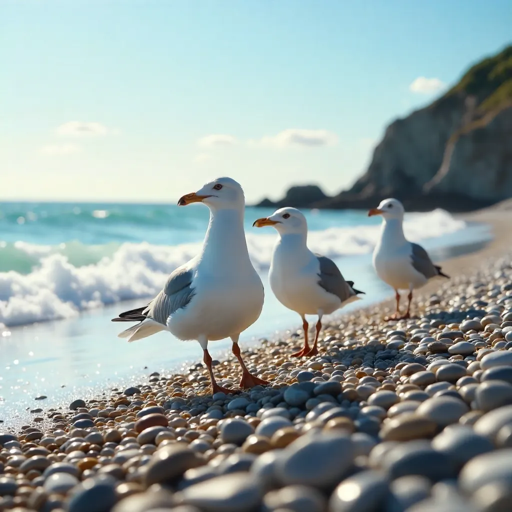 Sunlit Pebble Beach Seagulls by the Ocean Edge
