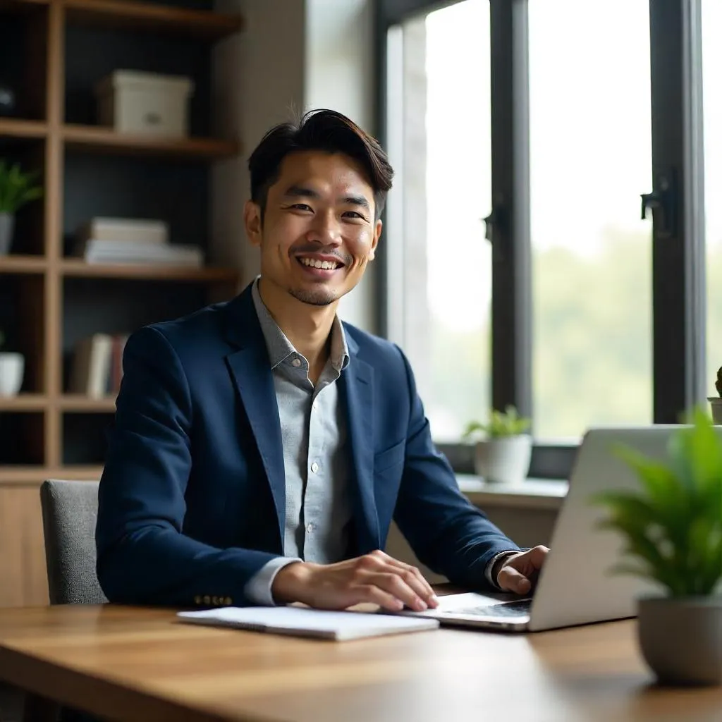 At-Home Professional Asian Man, Photorealistic