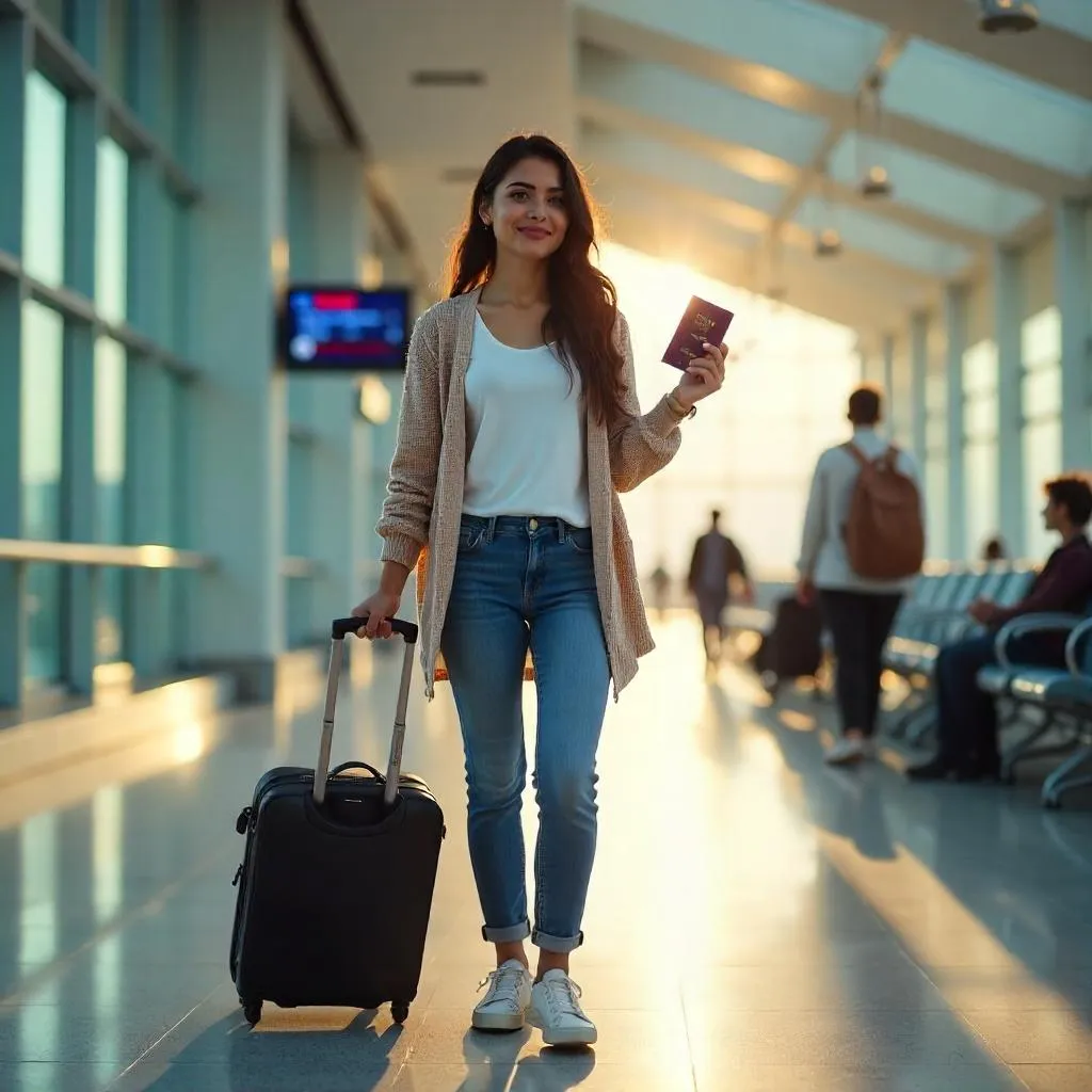 Photorealistic young Latina in an airport terminal