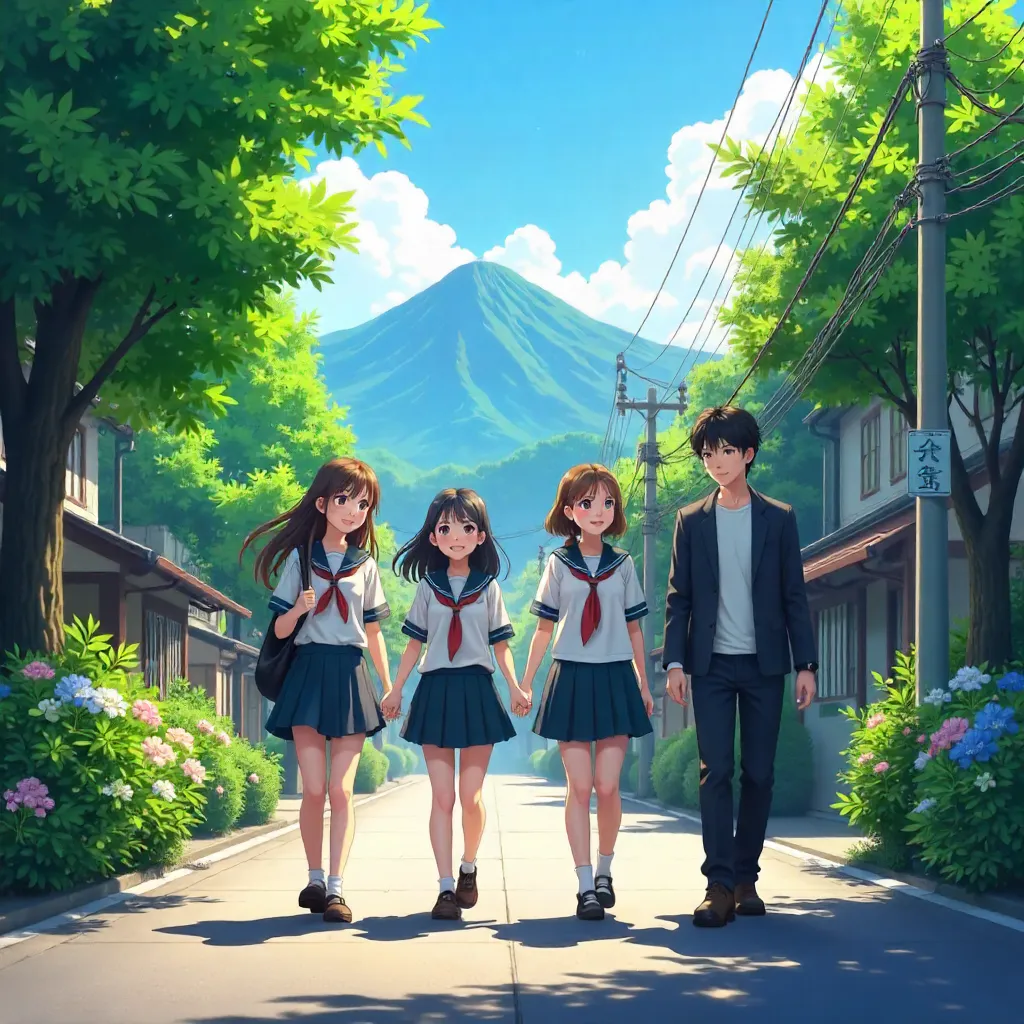 Sunlit Street: Japanese Students with Mountain Backdrop