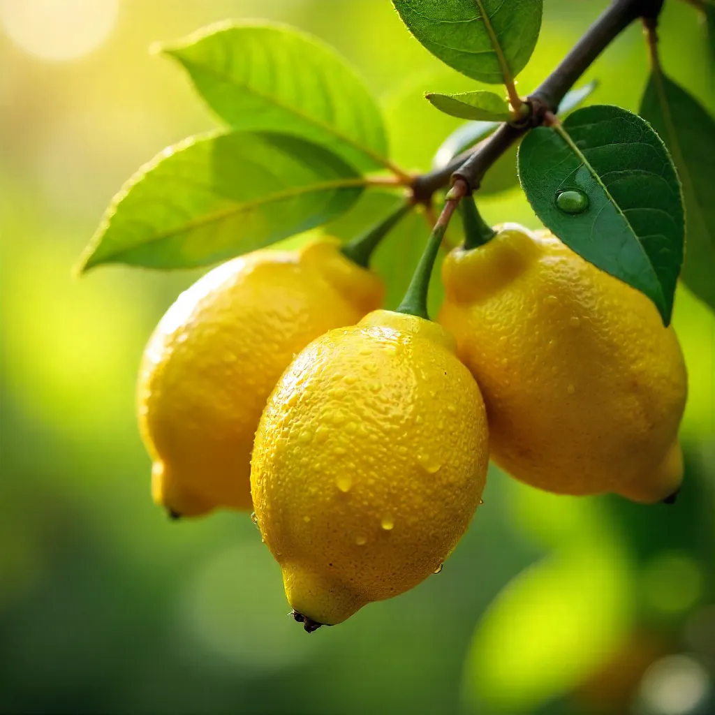 Macro close-up: Fresh dew on lemons on branches