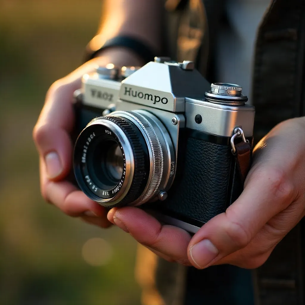 Close-Up of Hands with Vintage Film Camera