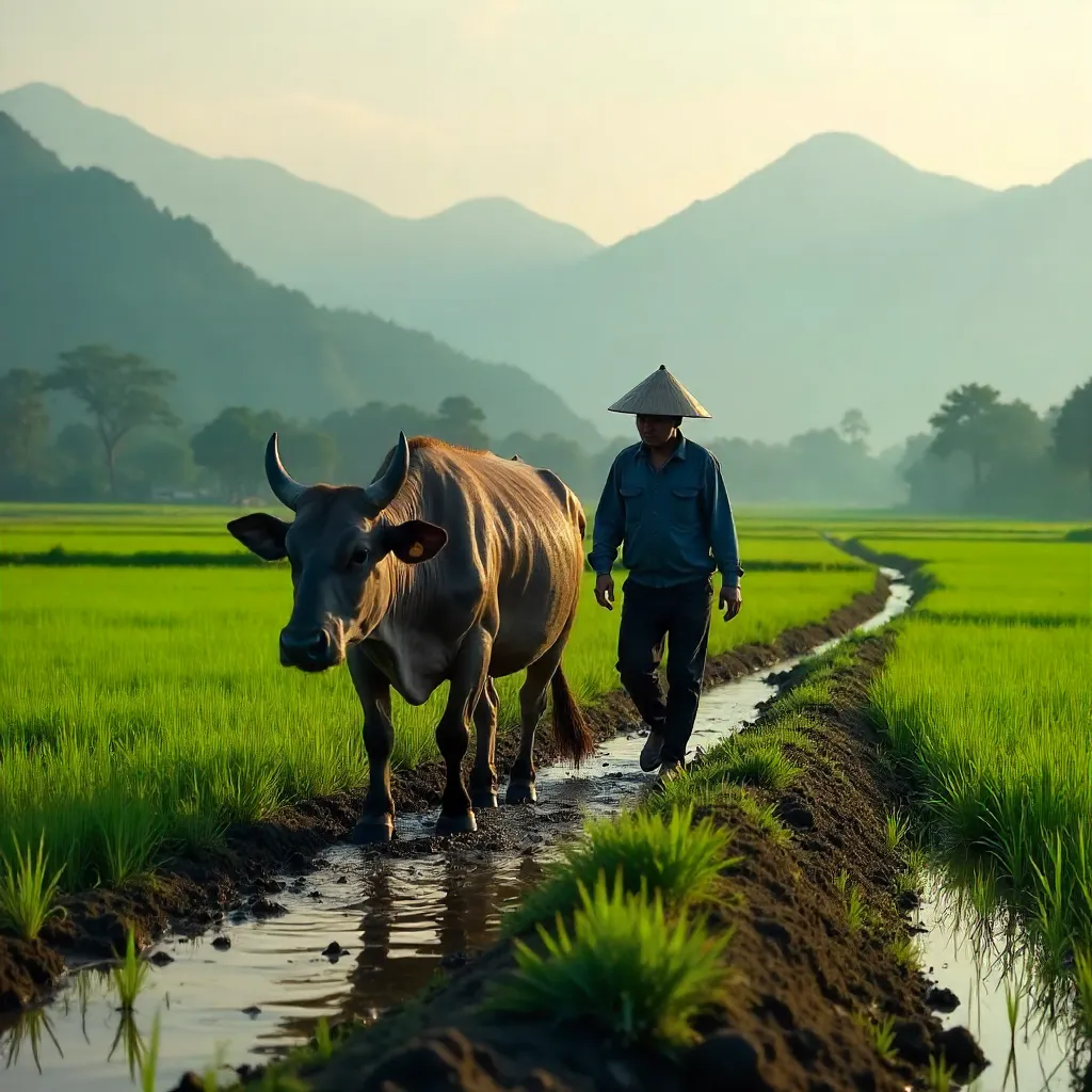 Buffalo and Farmer in Hoi An Rice Paddies