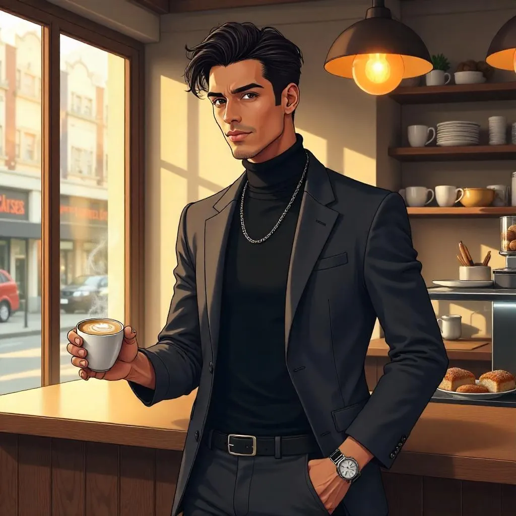 Stylish Latino Man in an Anime Café