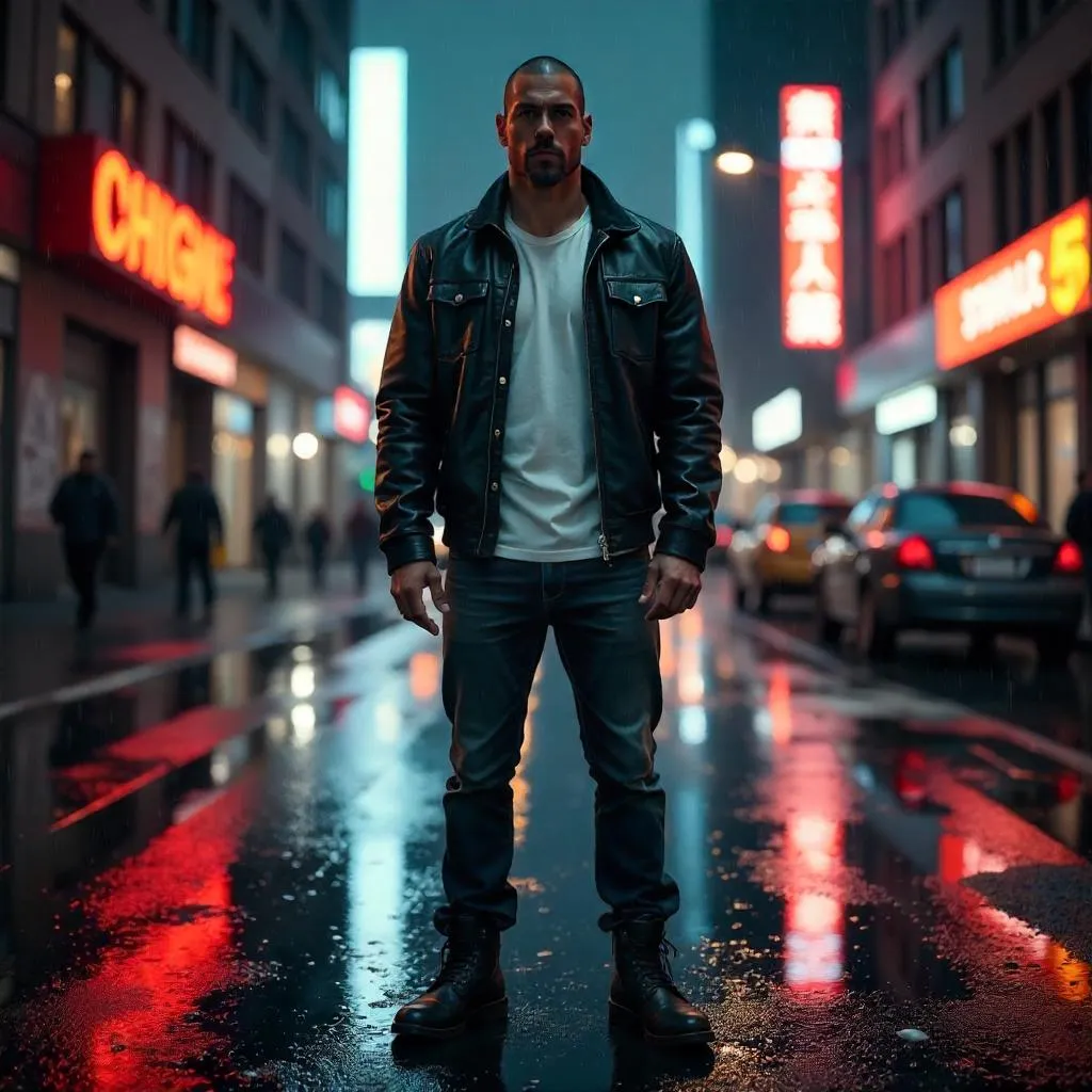Photorealistic Strong White Man in Neon City