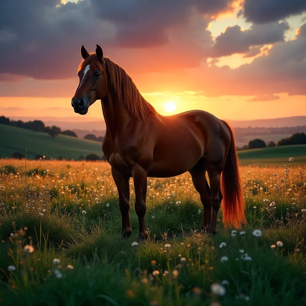 Moonlit Meadow Horse at Sunset
