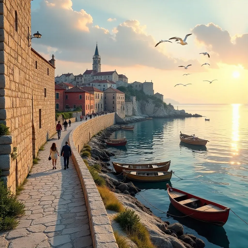 Historic Coastal Path Walk with Boats and Cityscape