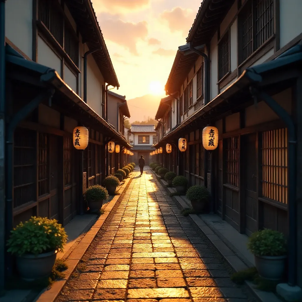 Quiet Kyoto Street at Sunset: Wooden Machiya