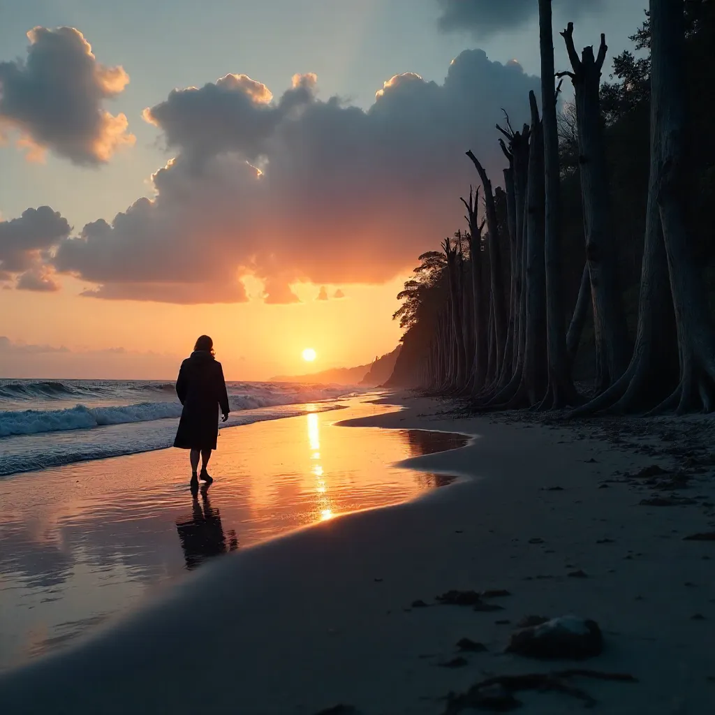 Silhouette among Driftwood on a Quiet Beach