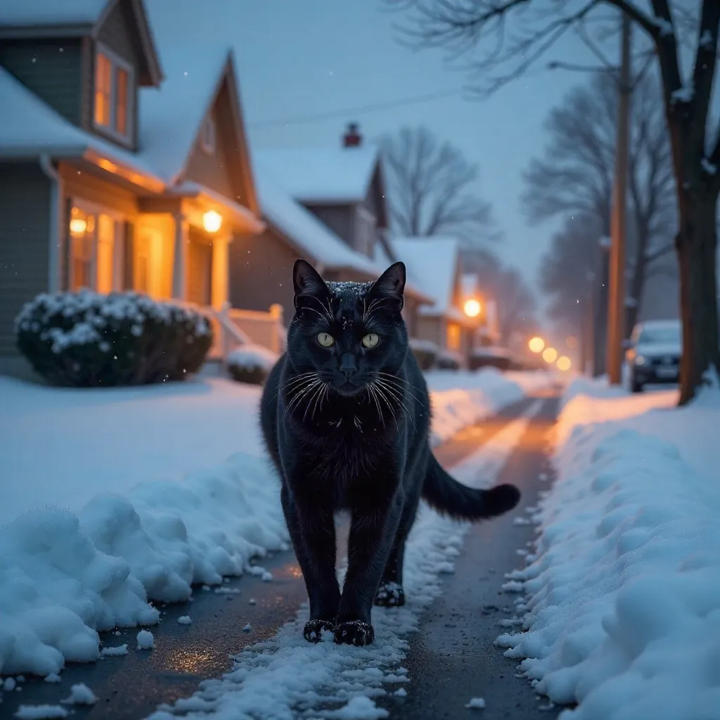 Calm Winter Stroll: Black Cat in Snowy Suburb