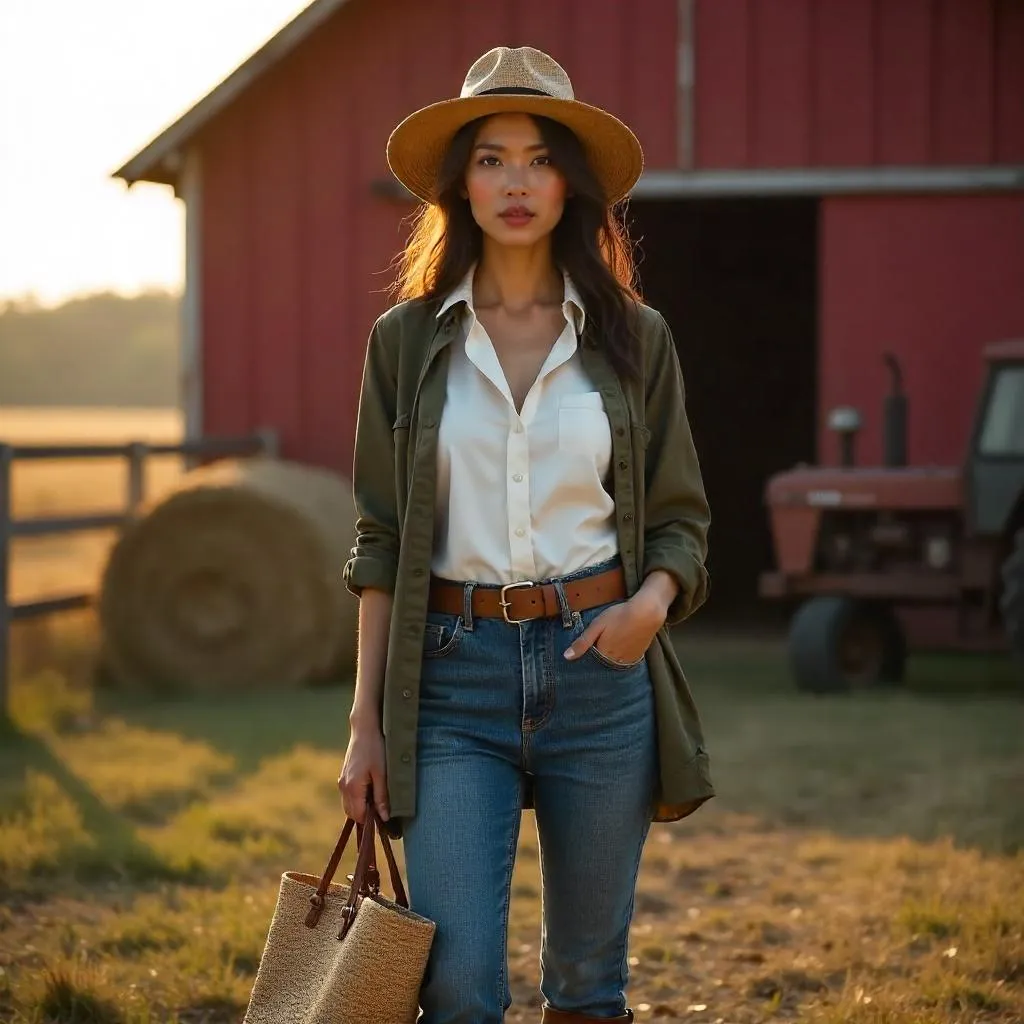 Photorealistic Farm Fashion: Stylish Asian Woman