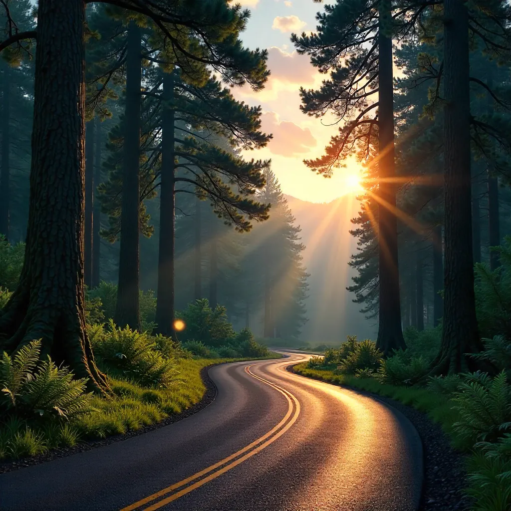 Evening Serene Road Through Lush Forest