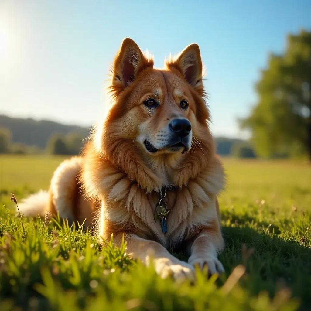 Sunlit Fluffy Dog Basking in Blue Sky