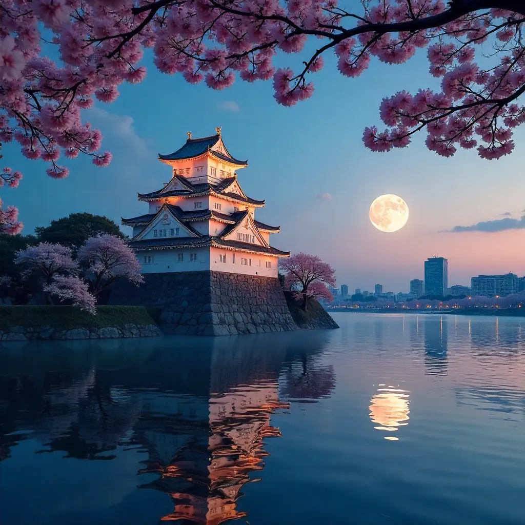 Moonlit Osaka Castle at Blue Hour