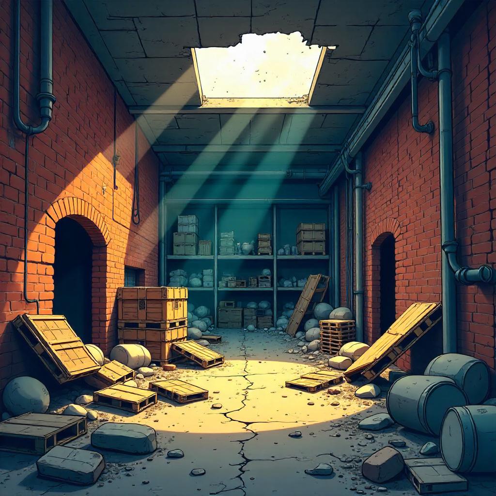 Cartoon Ruins Inside a Warehouse