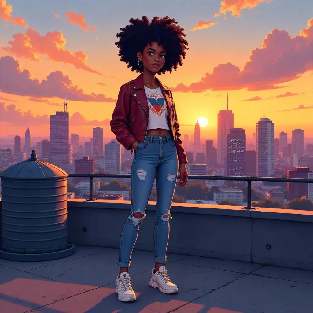 Anime-Style Rooftop Portrait of a Young Black Woman
