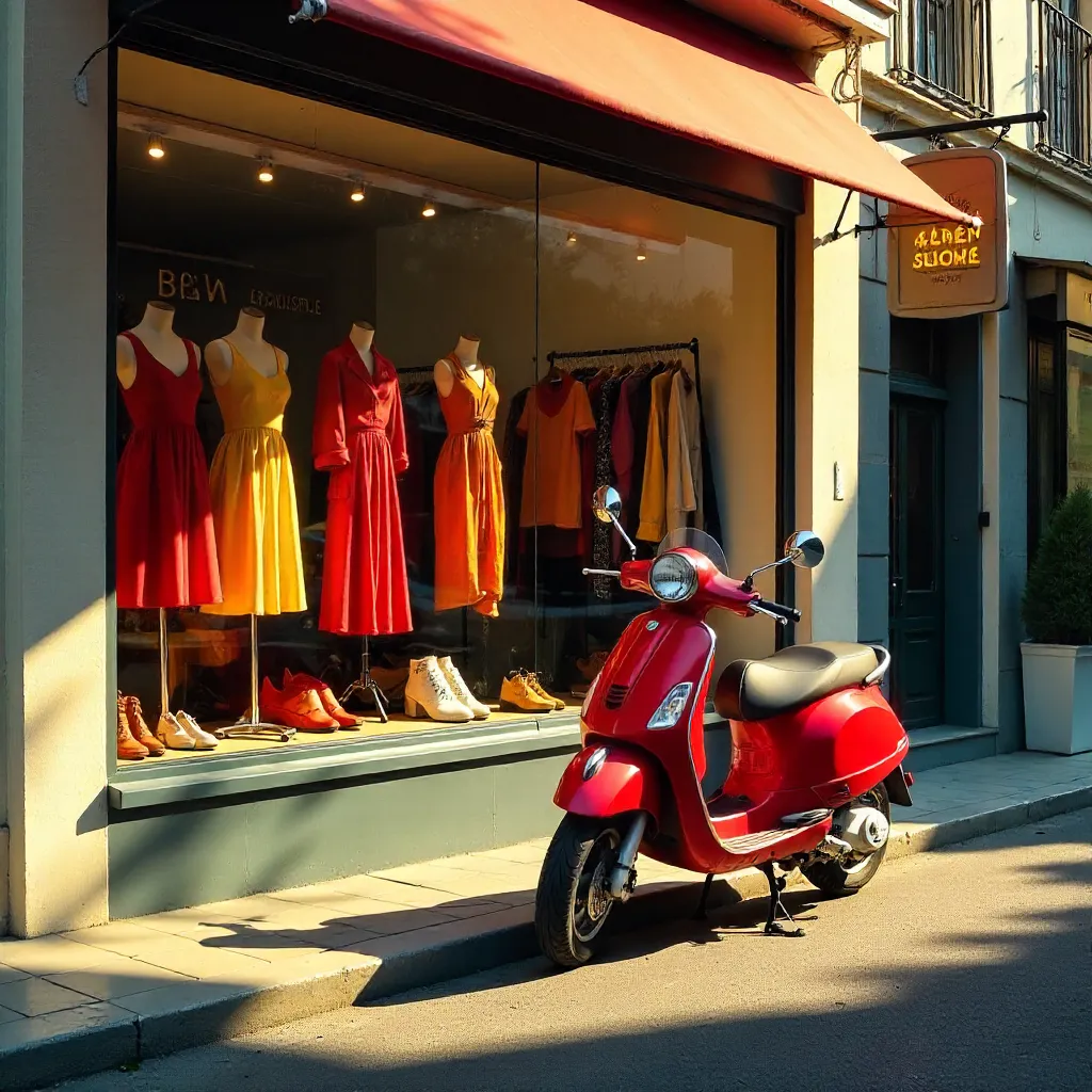 Sunlit Boutique: Red Scooter and Colorful Clothes