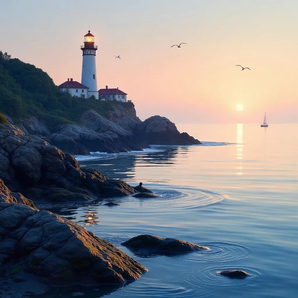 Tranquil Lighthouse Behind Coastal Rocks at Dusk
