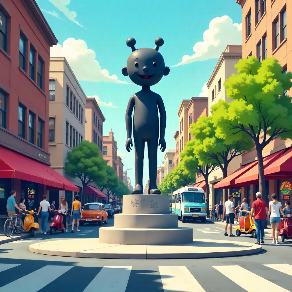 Cartoon Monument on a Bustling City Street