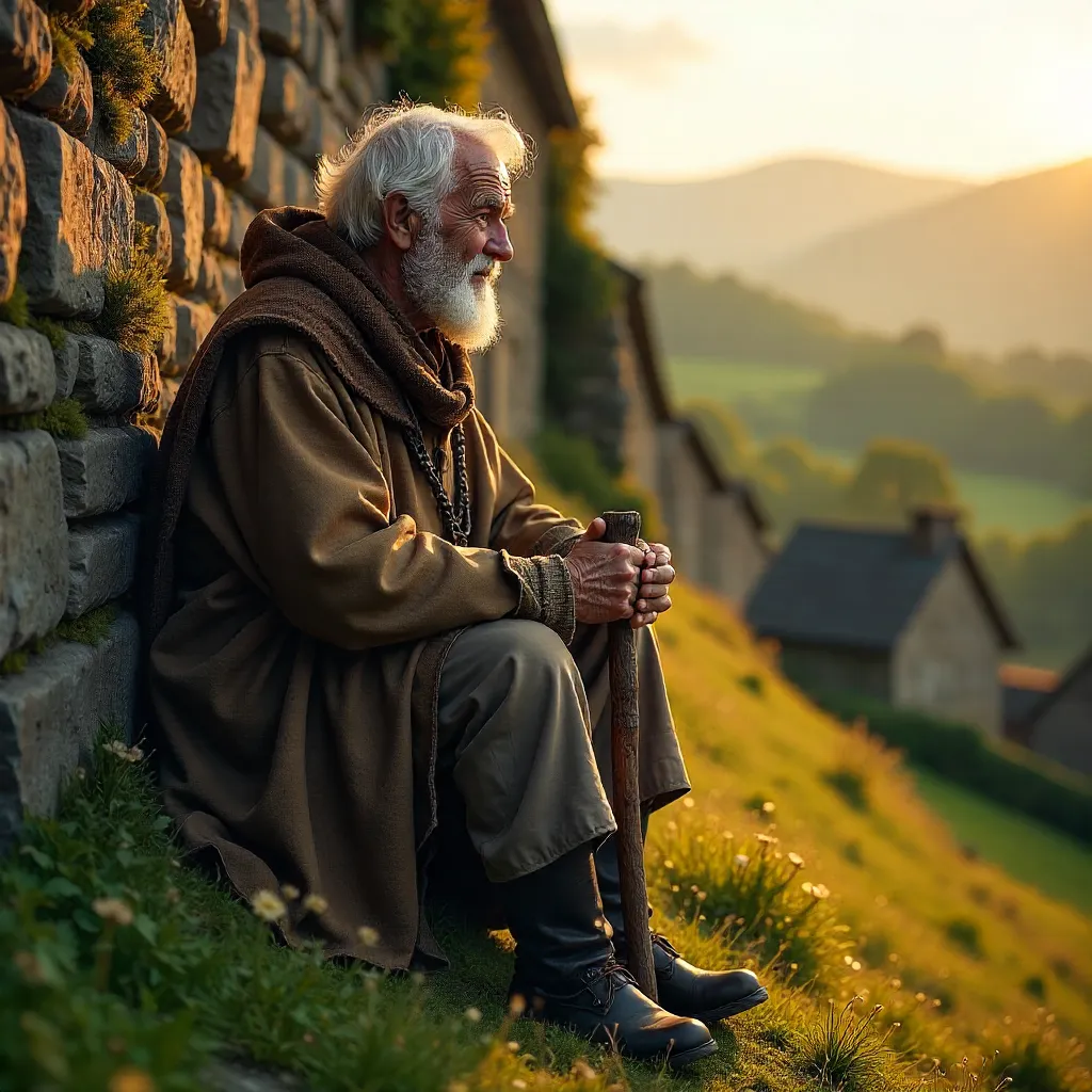 Quiet Moment by the Ancient Stone Wall