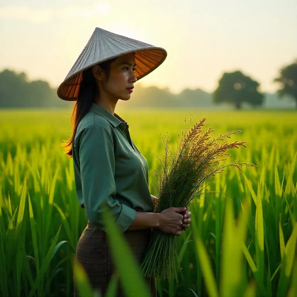 Conical Hat in a Verdant Field, Holding Plants