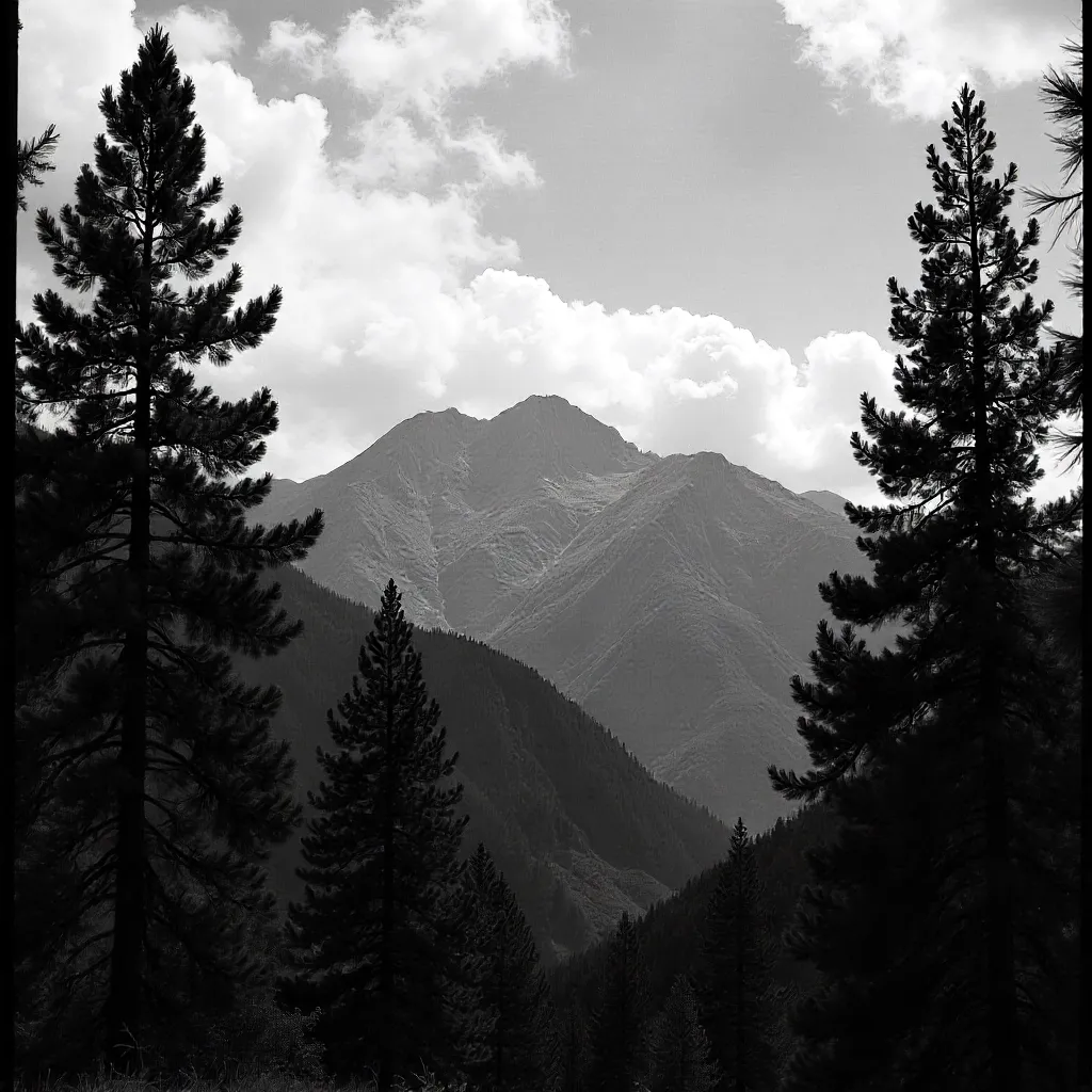 Monochrome Alborz Peaks Framed by Tall Tehran Pines