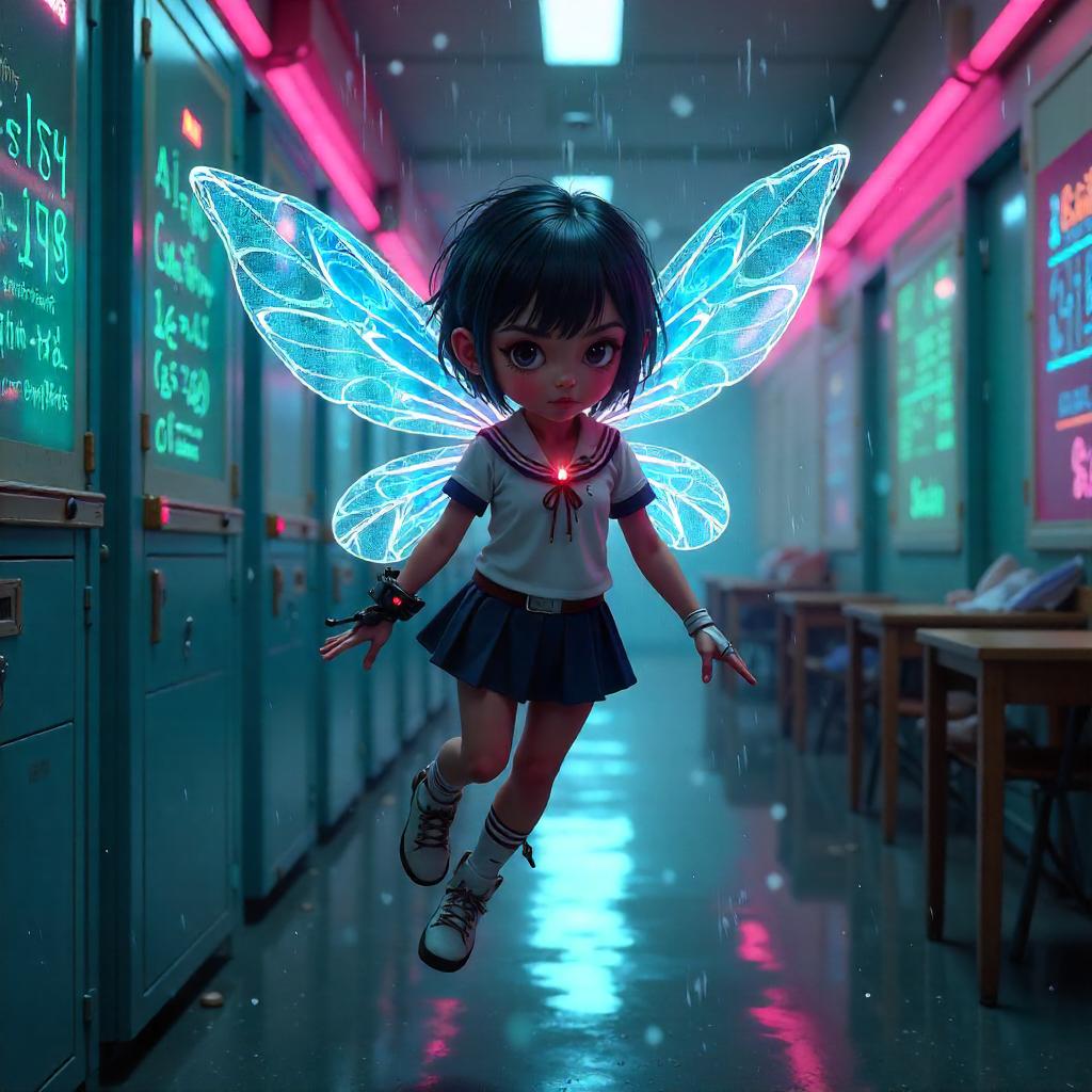 Pixie in Neon Labs: A Cyberpunk School Scene