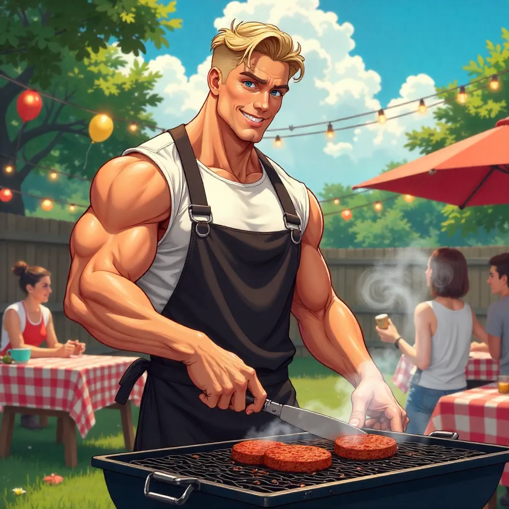 Muscular Caucasian Man Grilling at a Sunny Anime BBQ