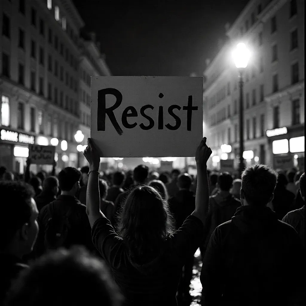Monochrome Protest Crowd with Resist Sign