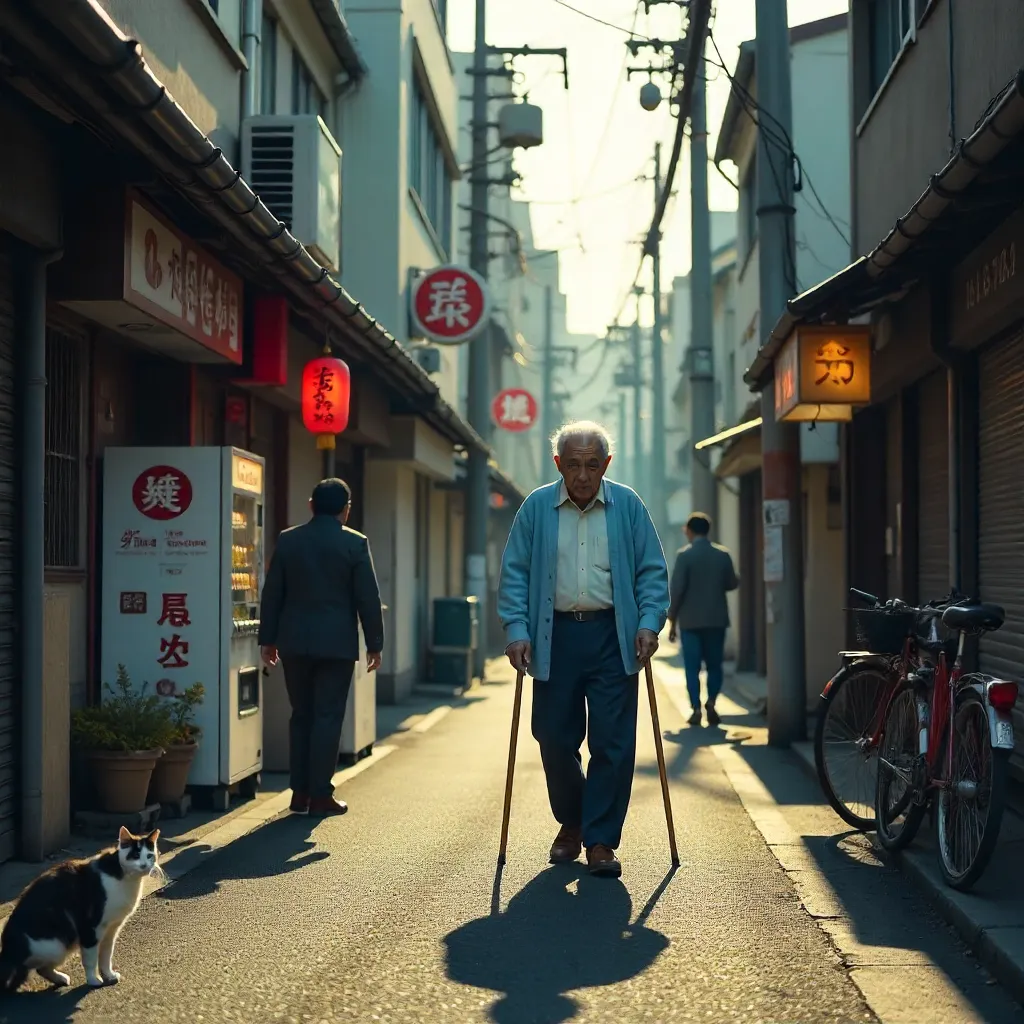 Elderly Man Walking Through Tokyo’s Local Life