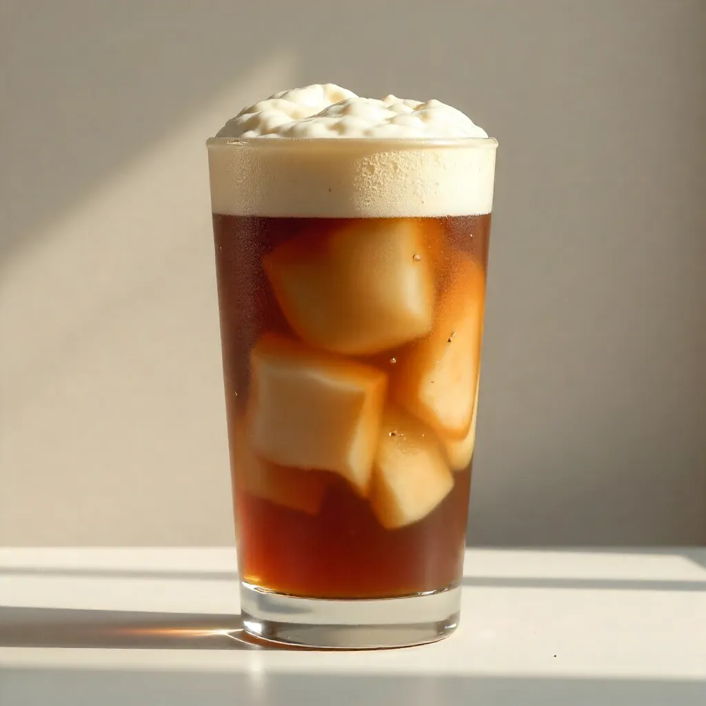 Tall iced coffee with creamy foam on neutral background