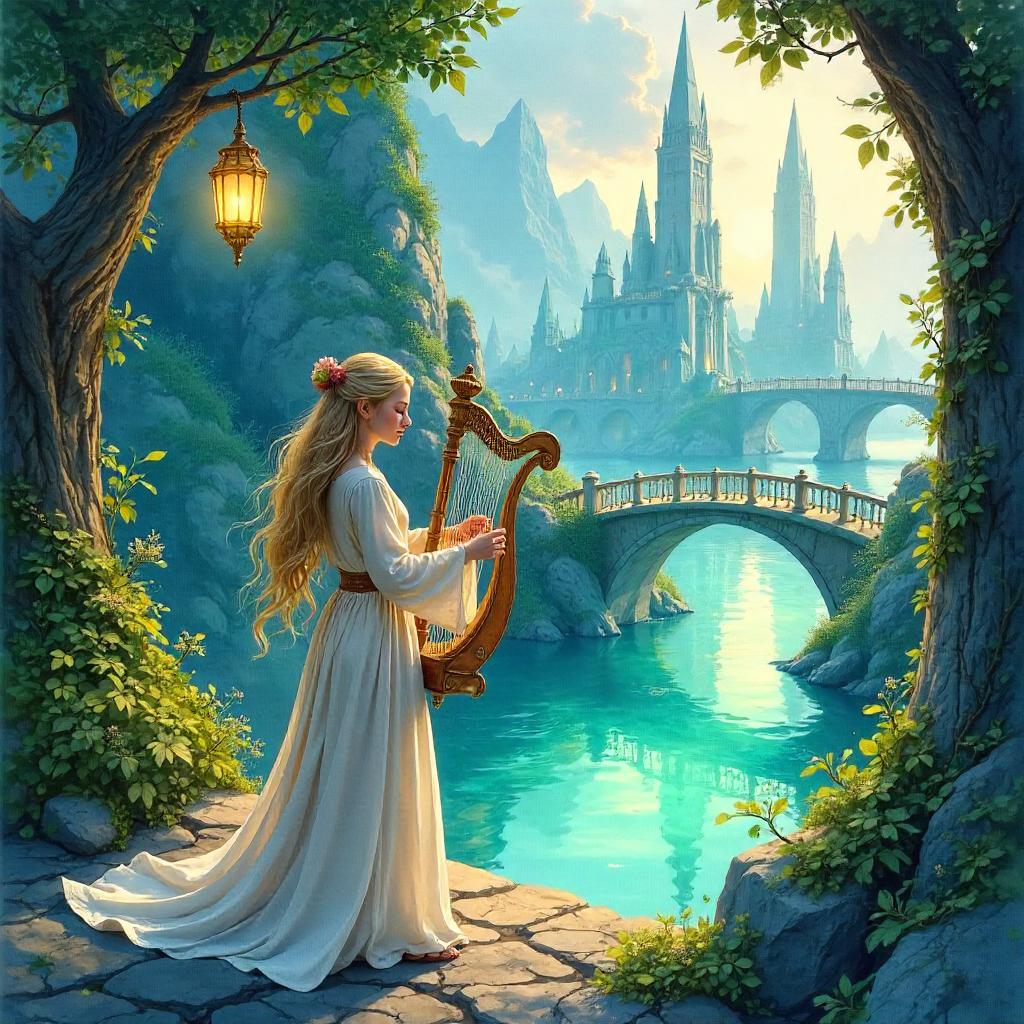 Watercolor Musician in an Elven City