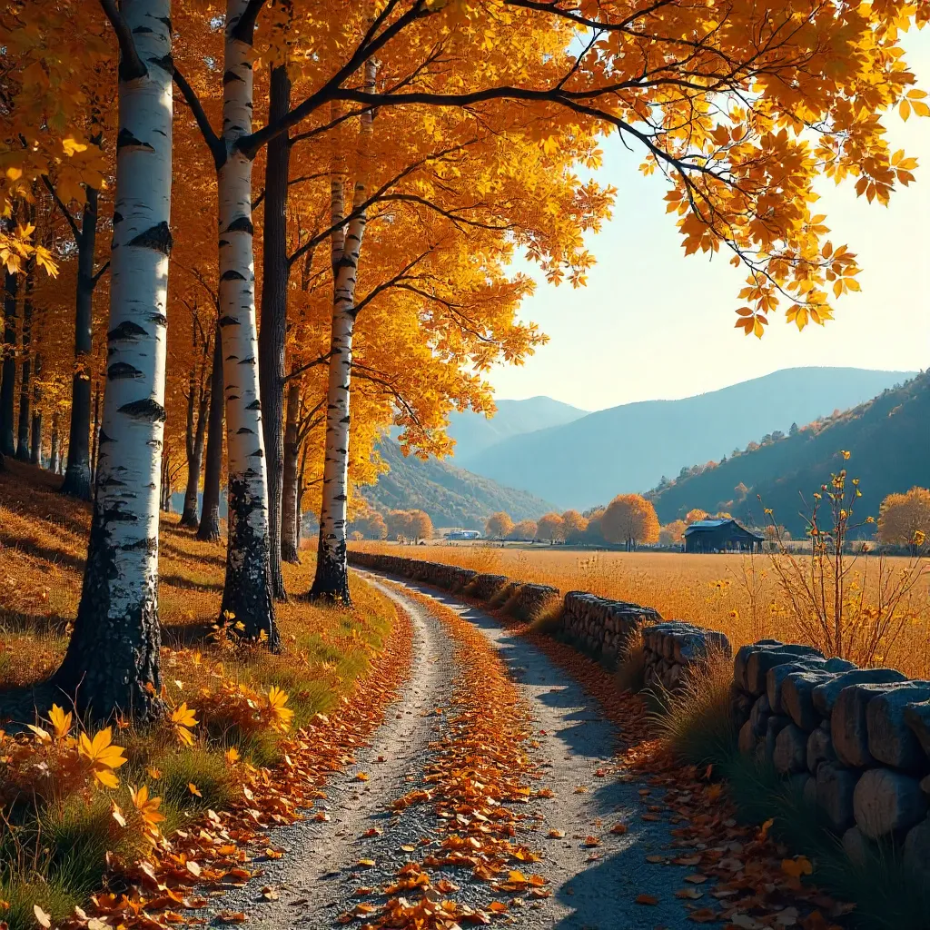 Golden Birch Path in Čajniče, Autumn