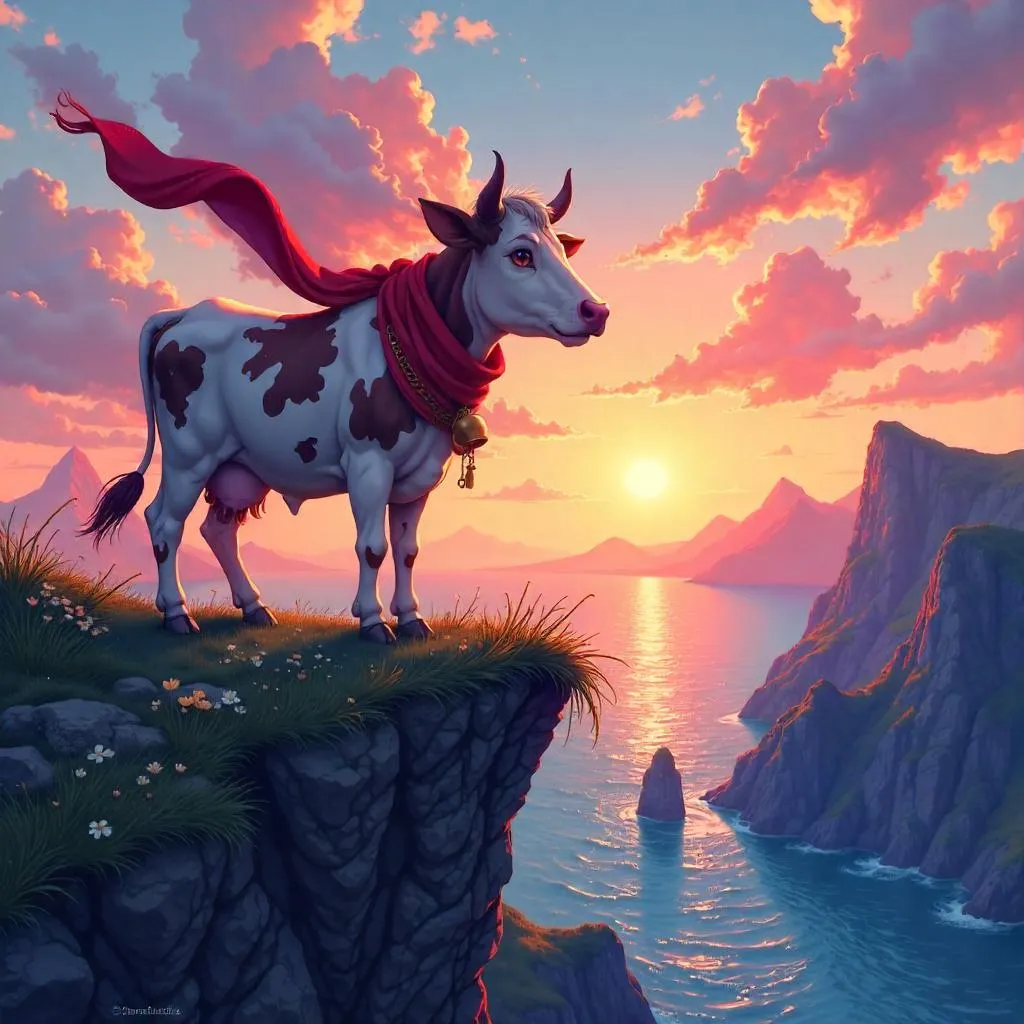 Anime Cow on a Cliff Edge at Sunset