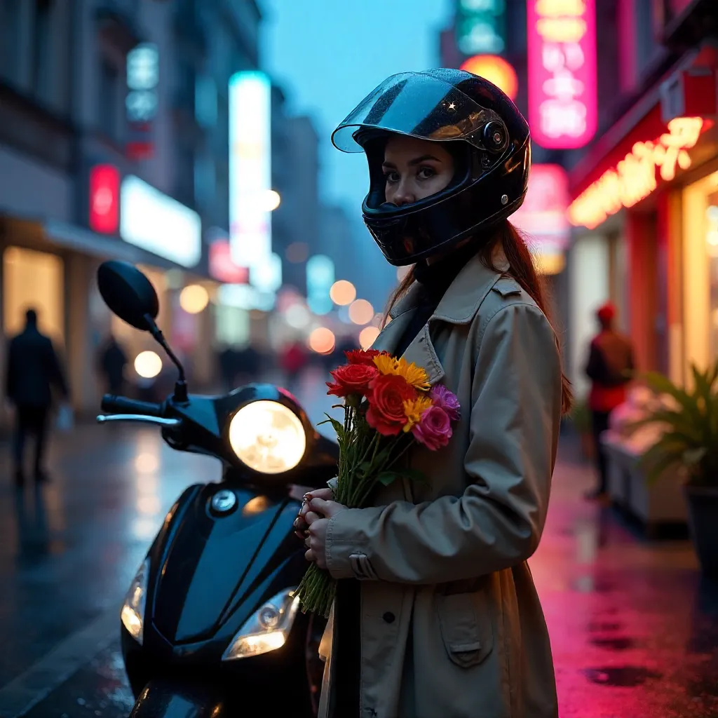 Helmeted Woman with Flowers by a Neon Scooter