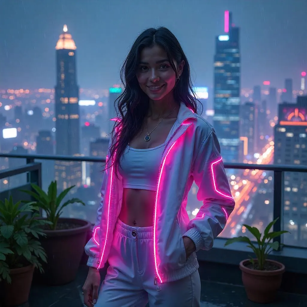 Cheerful Cyberpunk Girl on a Neon Terrace
