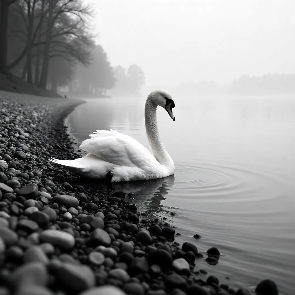 Serene Swan on Zagreb's Pebble Shore in Black and White
