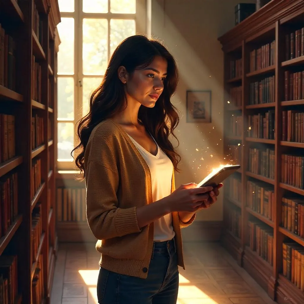 Latina Woman in a Cozy Library - Digital Art
