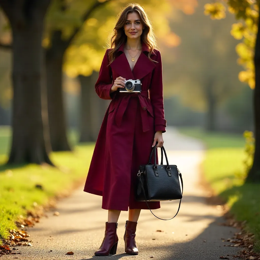 Maroon Outfit Woman Outdoors with Camera