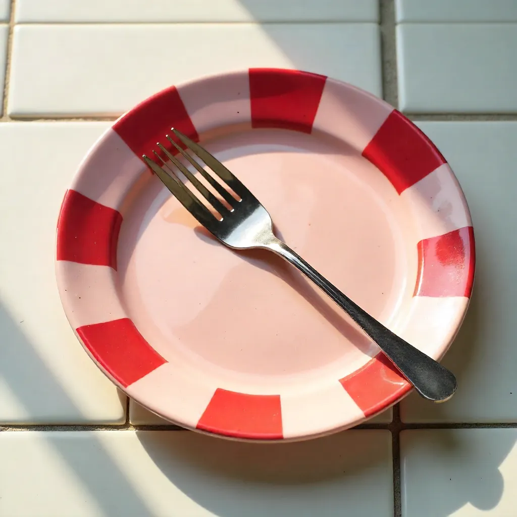 Pink Ceramic Plate with Red Checkered Pattern and Fork