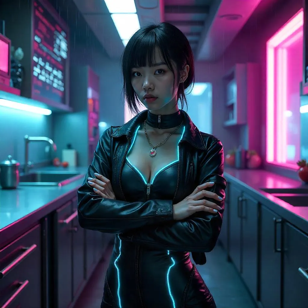 Confident Cyberpunk Chef in Neon Kitchen