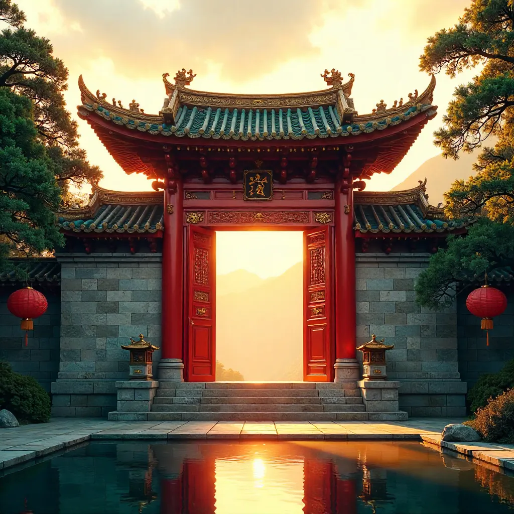 Vibrant Vermilion Temple Gate at Golden Hour