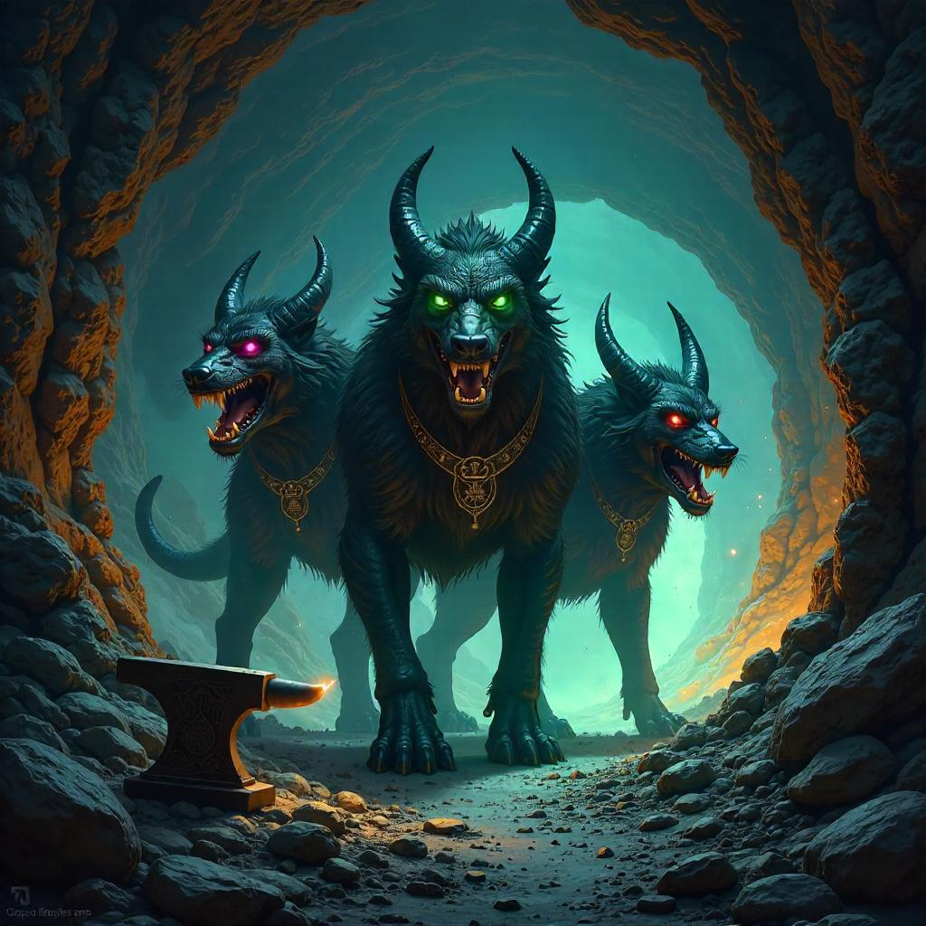 Cerberus Guardian in a Dwarven Mine - Digital Art