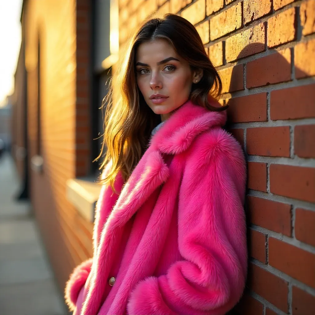 Pink Faux Fur Coat Editorial at Brick Wall