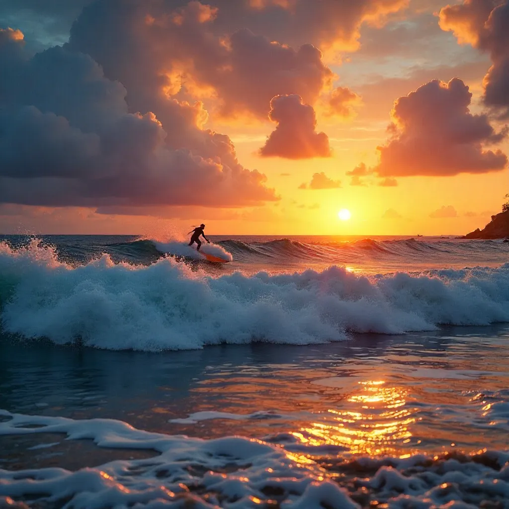 Surfers at Sunset: Golden Wave Ballet