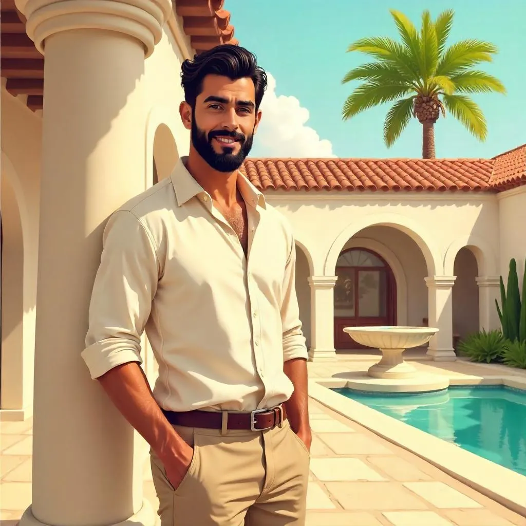 Handsome Middle Eastern Man in a Sunny Villa (Cartoon)