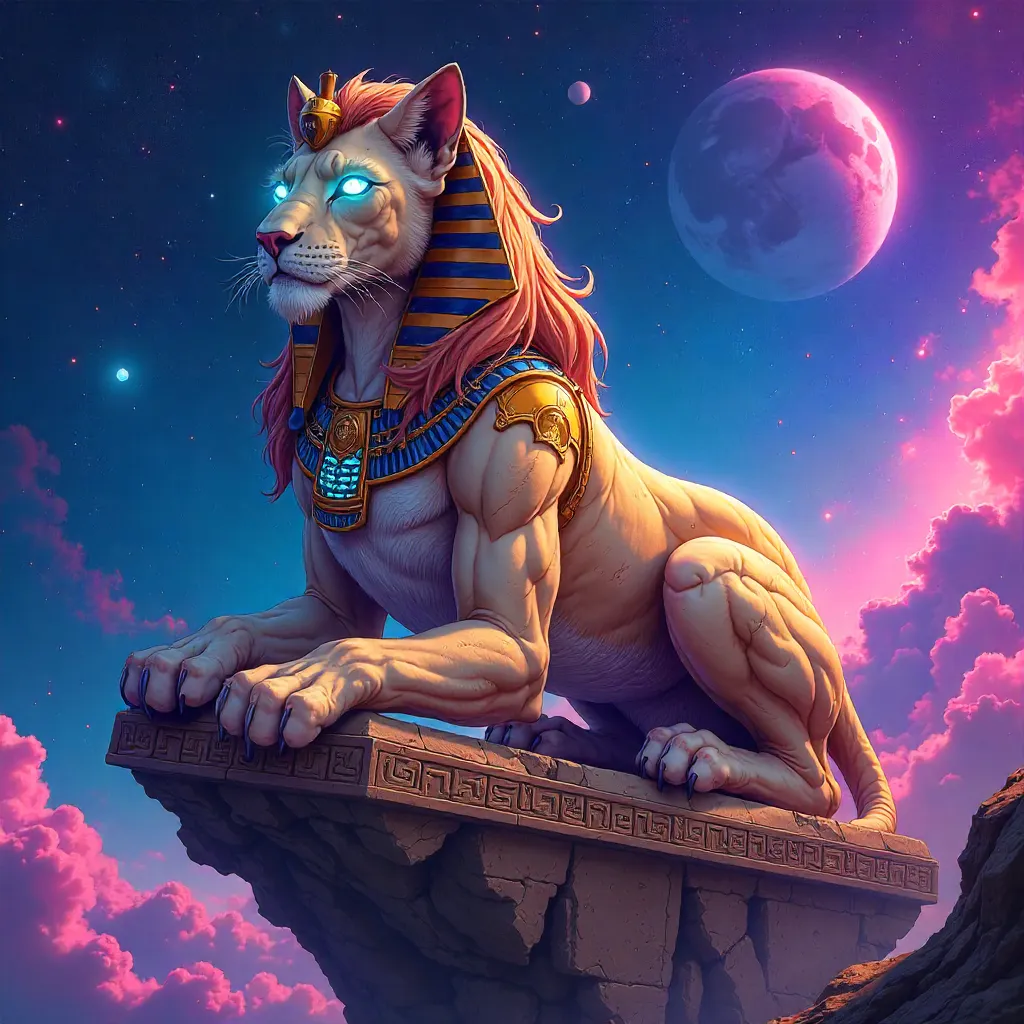 Anime Sphinx in Space: Cosmic Guardian in Neon Light